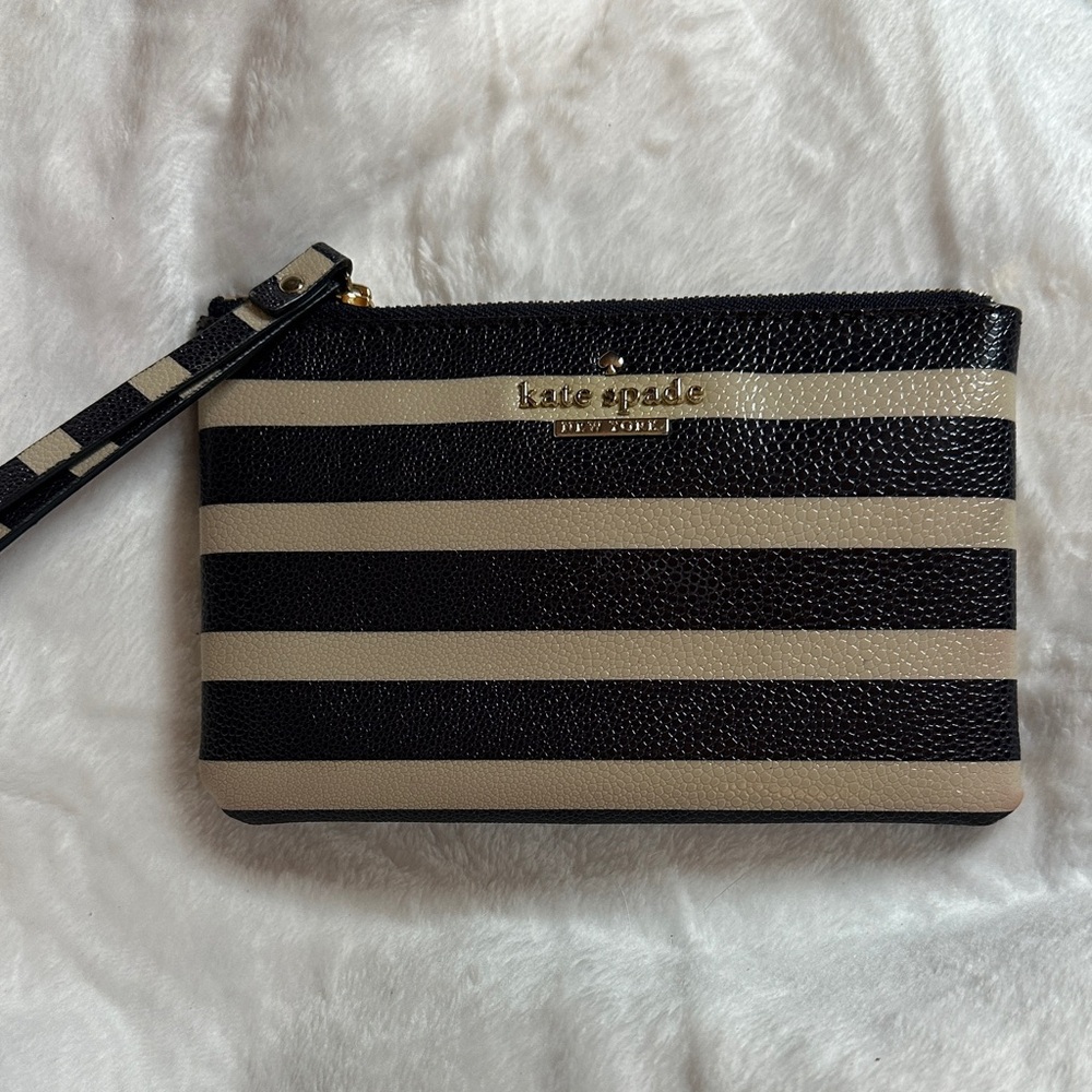 Kate Spade Navy and Tan Storybook Striped Wristlet